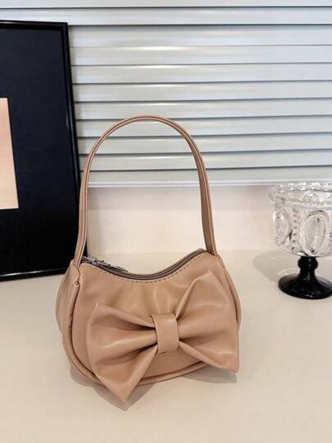 1pc Handbag Pu Zipper Opening And Closing New Style Small Elegant And Sweet Handbag Shoulder Bag Korean Style Small Bag Textured Bow Shoulder Bag Comfortable Shoulder Strap Suitable For Daily Outings