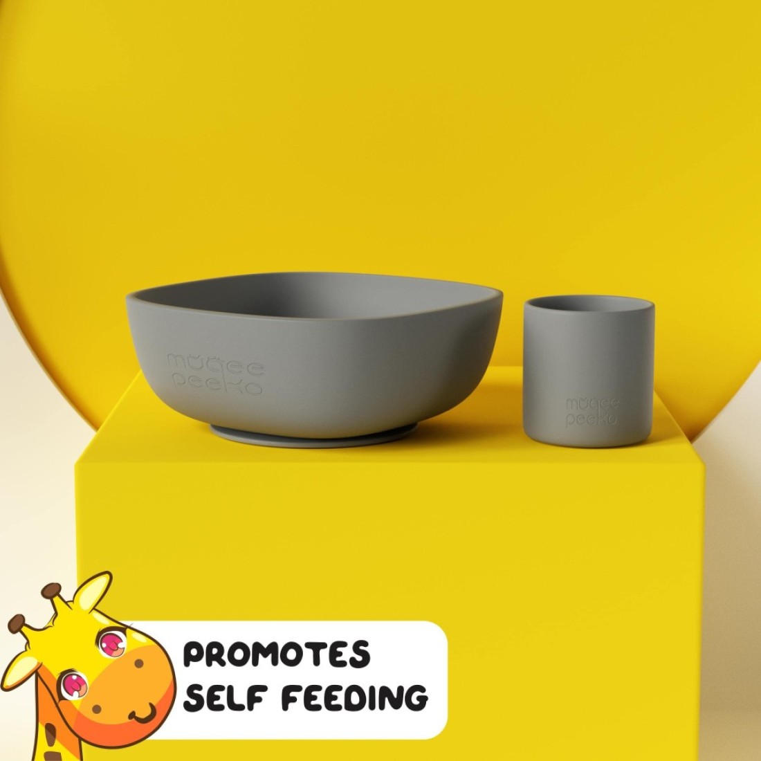 Muqee Peeko Baby Feeding Set 6 Piece Pebble Gray Includes Suction Bowl Plate Silicone Bib Spoon Fork for Toddlers Kids Dinnerware