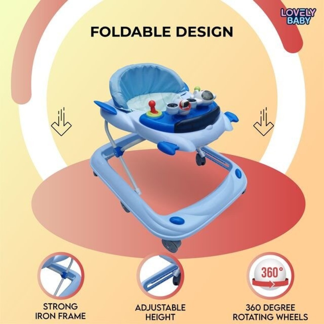 Lovely Baby Foldable Kids Walker BW10 with Adjustable Height, Musical Toys, Rotating Wheels, Comfortable &amp; Safe Activity Walker for Toddlers, Small Infant Boy Girl 6-18 months - Blue