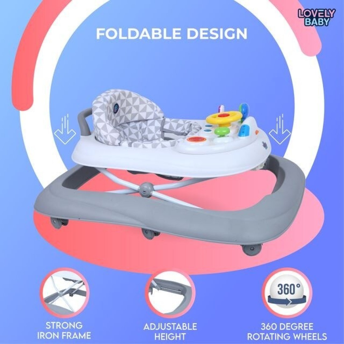 Lovely Baby Foldable Kids Walker LB 256 with Adjustable Height, Musical Toys, Rotating Wheels, Comfortable &amp; Safe Activity Walker for Toddlers, Small Infant Boy Girl 6-18 months - Grey