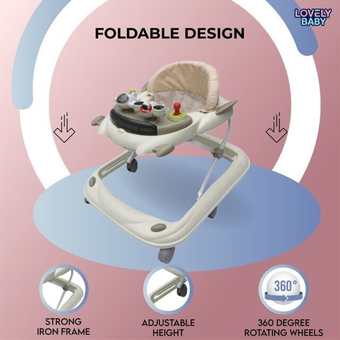 Lovely Baby Foldable Kids Walker BW10 with Adjustable Height, Musical Toys, Rotating Wheels, Comfortable &amp; Safe Activity Walker for Toddlers, Small Infant Boy Girl 6-18 months - Beige