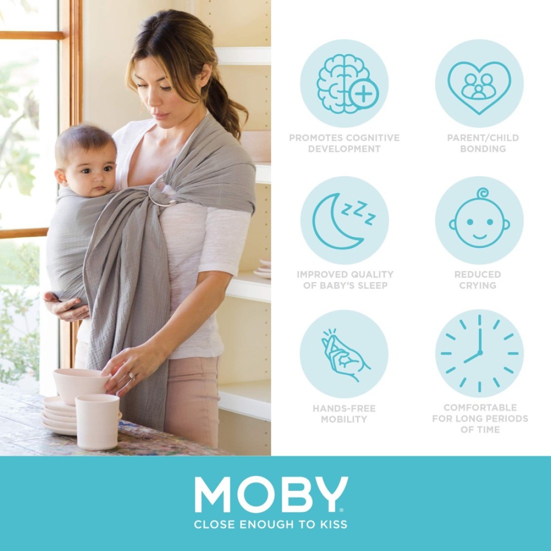 Moby Ring Sling Wrap Carrier HandsFree Versatile Support Wrap for Mothers Fathers and Caregivers Breathable Baby Wrap Carrier for Newborns Infants Toddlers Supports 830 lbs Pewter