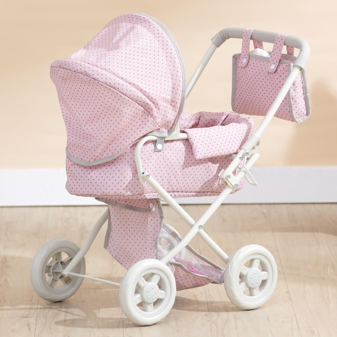 Olivias Little World BuggyStyle Baby Doll Stroller with Retractable Canopy Storage Underneath Detachable Bassinet Travel Nursery Bag Comfortable to Push Pink and Gray