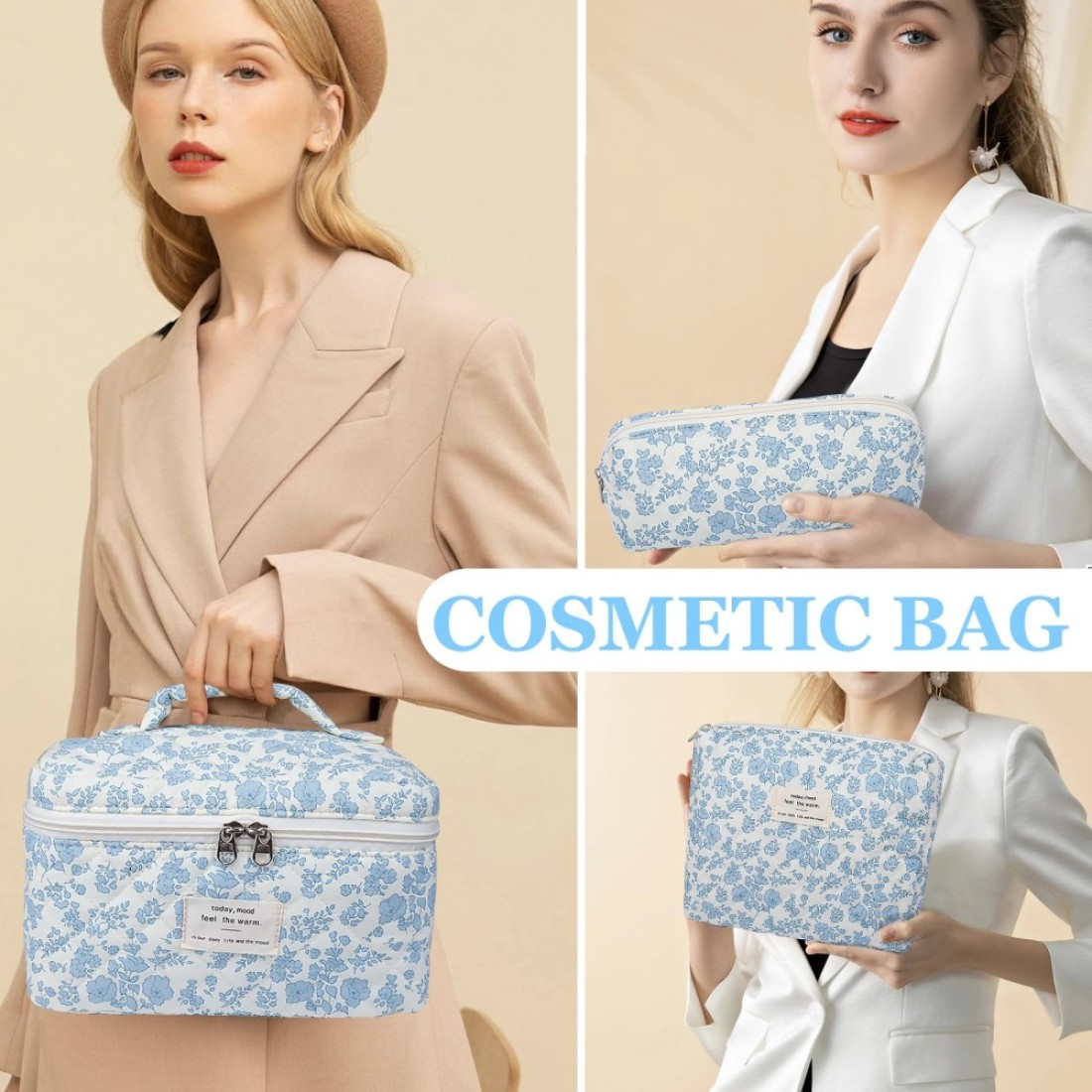 Makeup Bag Set Quilted Makeup Bag Large Floral Cosmetic Bag for Women Cute Cotton Makeup Bags Flower Travel Toiletry Organizer Bag