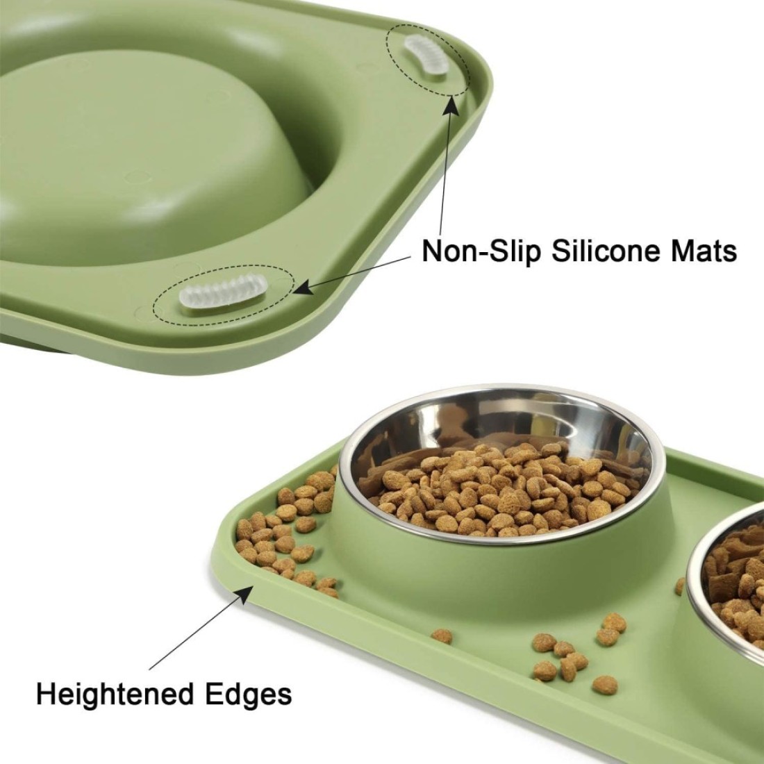 MahMir&reg; Cat Food and Water Bowls, Bowls Non-Skid and Non-Spill Silicone Mats with Stand, Removable Stainless Steel Water Dishes for Cats, Small Size Dogs (Olive Green)