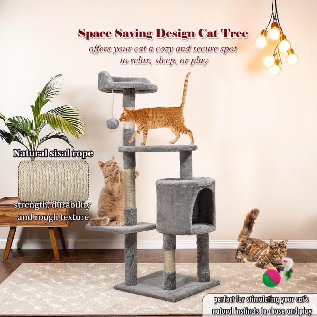 Multi-layer cat tree with Mice balance swing tumbler ball, Interactive toy ball, Indoor cat tree tower with Soft fabric condo, Top perch, and Sisal scratch post, Cat activity tower 112 cm (Grey)