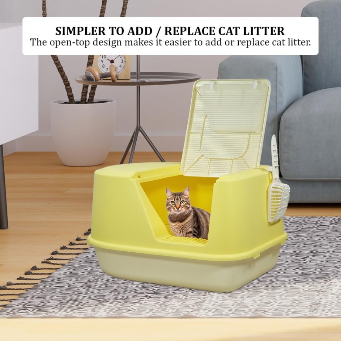 Fully enclosed cat litter box with Transparent door, Litter scoop, and Sand drop pedal, Spacious &amp; Splash-proof design cat toilet for indoor cats, Odor-resistant 65 cm (Yellow)