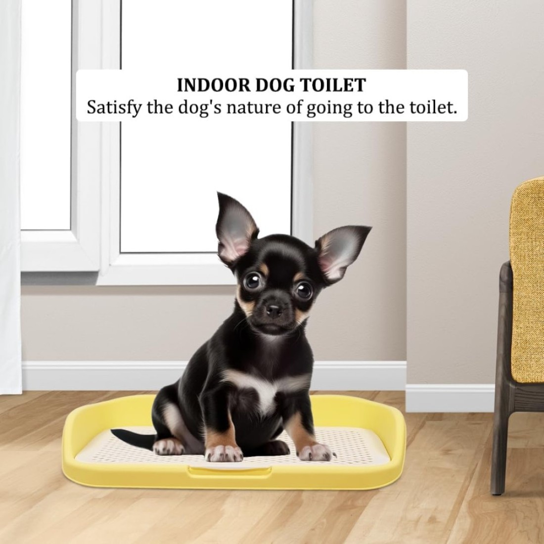 Dog potty toilet with Pee post, Detachable grid, and Raised fence, Anti-splash dog pee pad holder for small to medium-sized dogs, Reusable dog potty training toilet 48 cm (Yellow)