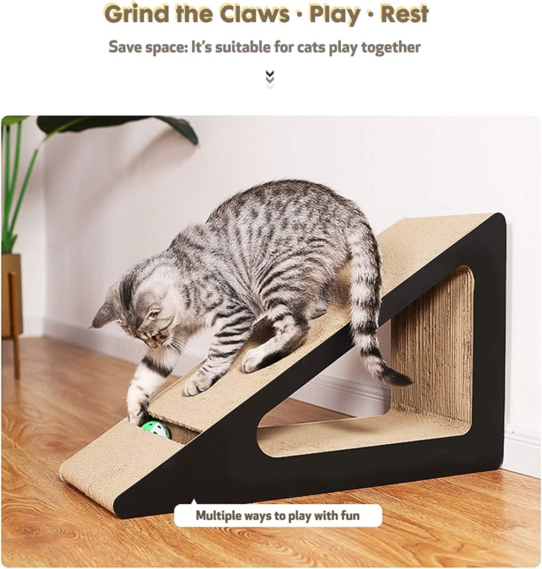 Vsell24 Vertical Triangle Cat Scratch Board Incline Scratching Mat Posts Pad With Multiple Scratching Angles Recyclable Corrugated Cardboard With Toy Balls Catnip 38X24X26Cm