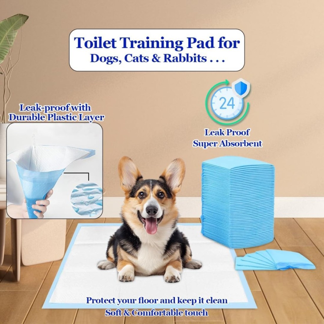 Pee pads for Dogs, Absorbent, 45x60 cm (M), Disposable pad with 5-layer thickness, Soft &amp; Comfortable, Quick dry pads for Small to medium pets, Leak-Proof and Portable, 50 Pieces of 1 pack (Blue)