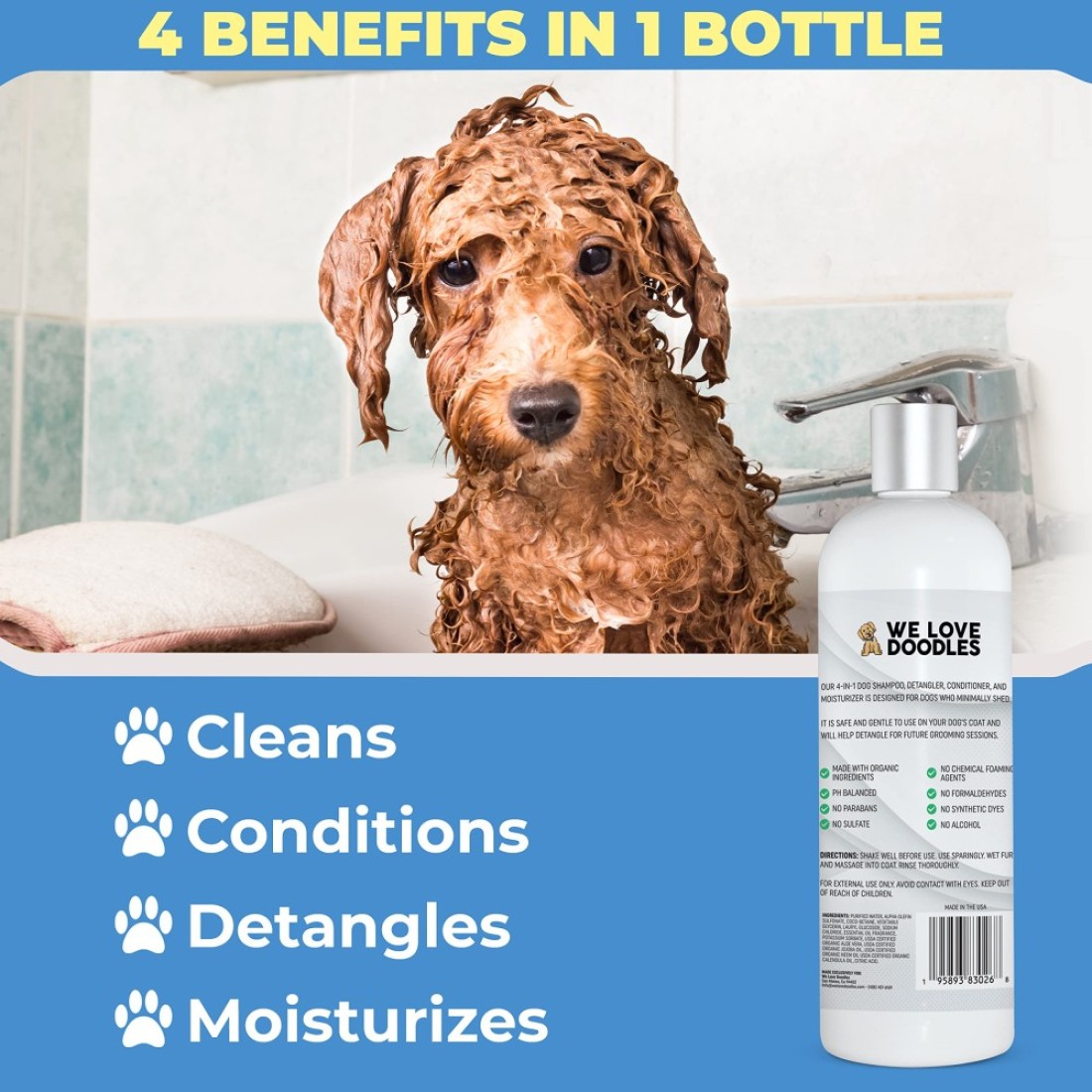 USDA Organic Dog Shampoo Conditioner Detangler Best Shampoo for Goldendoodles Poodles Doodles for Matted Pet Hair Sensitive Skin Shampoo for Puppies Made in The USA 16OZ Lavender