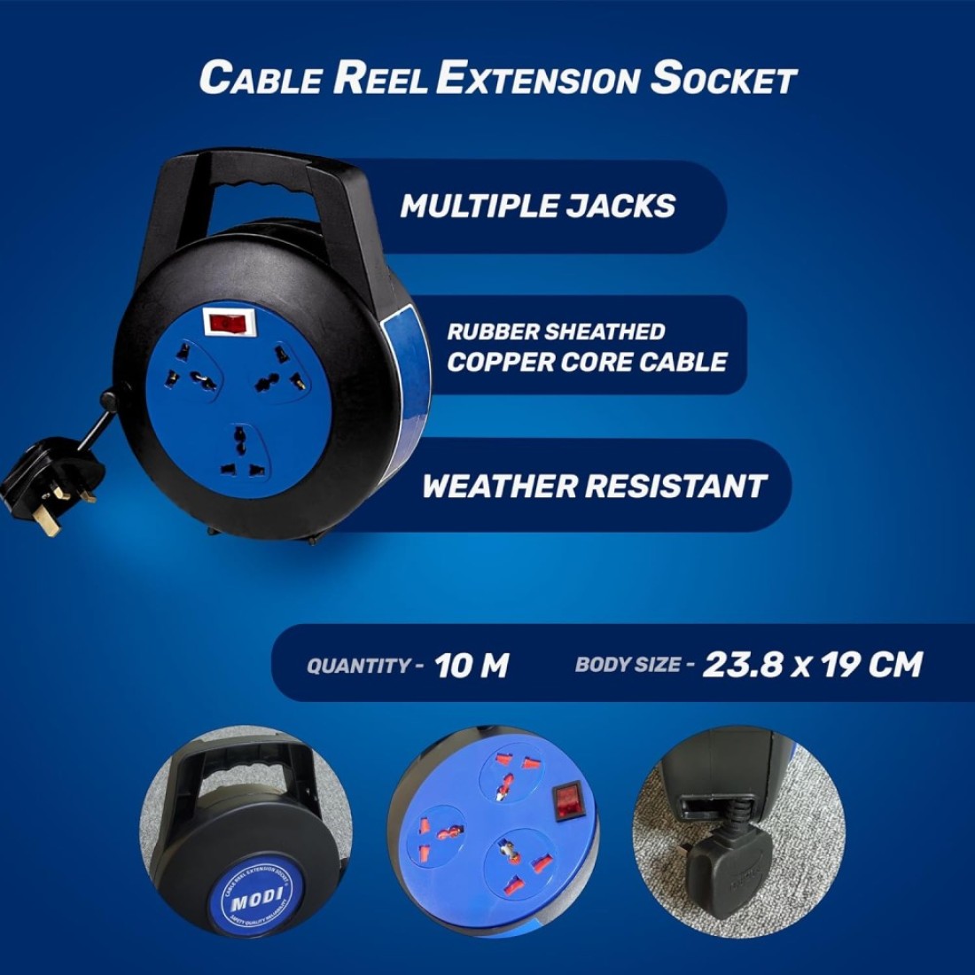 MODI Retractable 3-Way Extension Cord Reel - 10m Cable Reel with Power Button for Home, Office 2000 Watts Power Extension (10M)