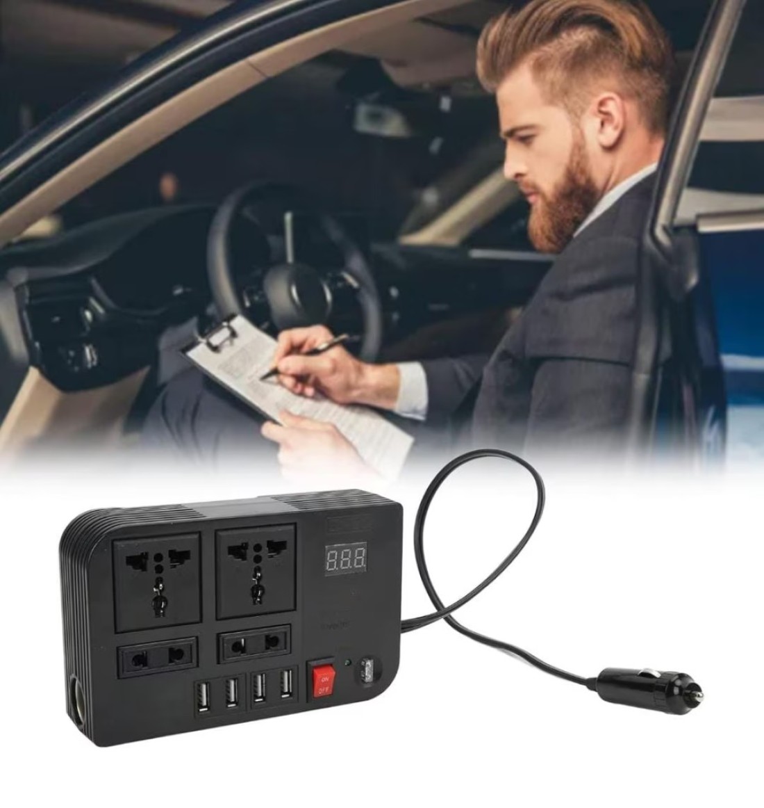 Sprintee Car Power Inverter DC 12V/24V to 220V AC 4 USB Fast Charging Ports & 2 Universal Sockets Portable Power Converter for Vehicles