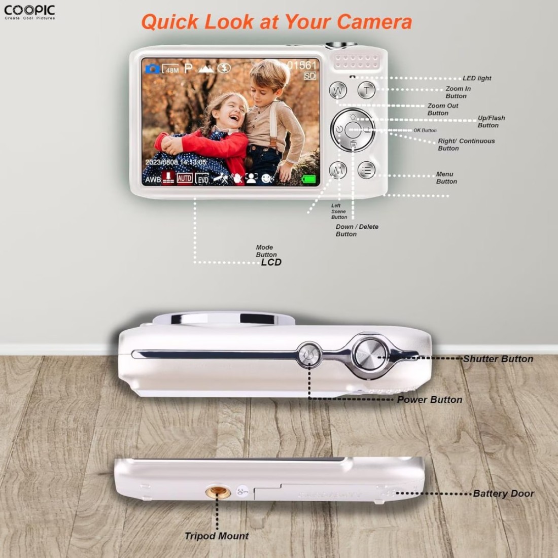 COOPIC C600 White HD Digital Camera with 16GB SD Card, 58MP, 4K Video, Ideal for Travel, Vlogging, and Creative Photography