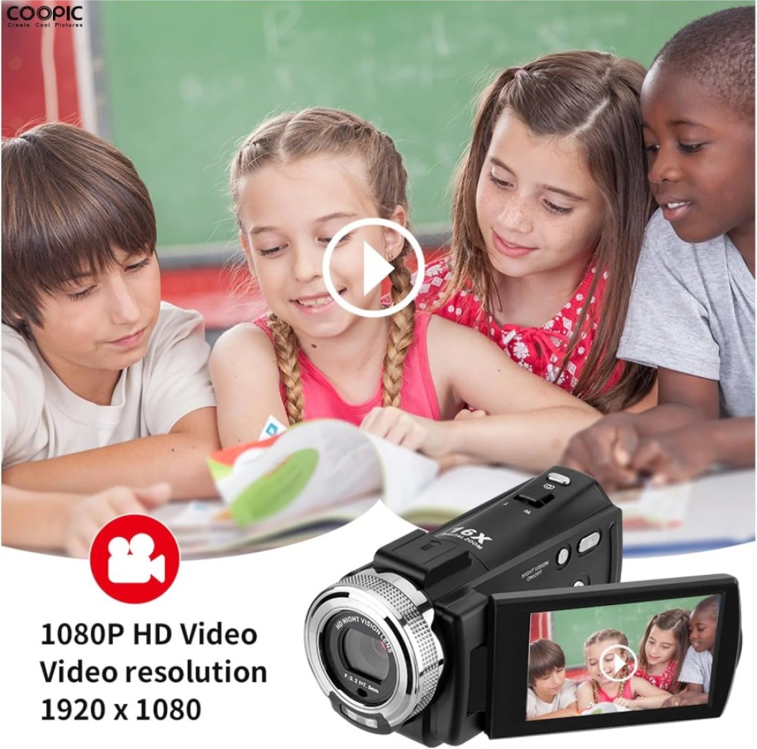 COOPIC V1000 3&rsquo;&rsquo; TFT, Anti-Shake, 270&deg; Screen Rotation, Full HD 1080P Digital Video Camera 30MP Photo, 16X Zoom, Night Vision, Compatible with Windows XP/7/8/10 for Photography and Videography