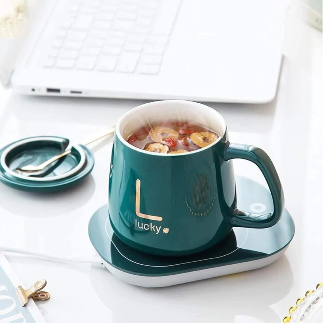 FITTO Coffee Mug Warmer with Mug, Electric Mug Warmer for Desk with Auto Shut-Off – Perfect for Keeping Coffee, Tea, Milk Warm, Compact Design, Includes Cup & Spoon – Ideal Gift for Home & Office