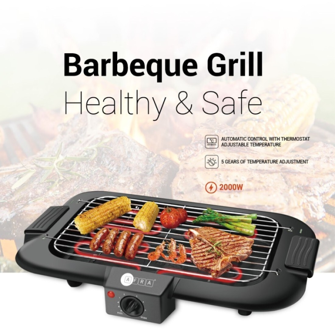 AFRA Electric Barbeque Grill, 2000W, Indoor And Outdoor, Thermostat Control, Overheat Protection, Portable, Smoke-Free, G-MARK, ESMA, ROHS, And CB Certified, AF-2000BGBK, 2 Years Warranty