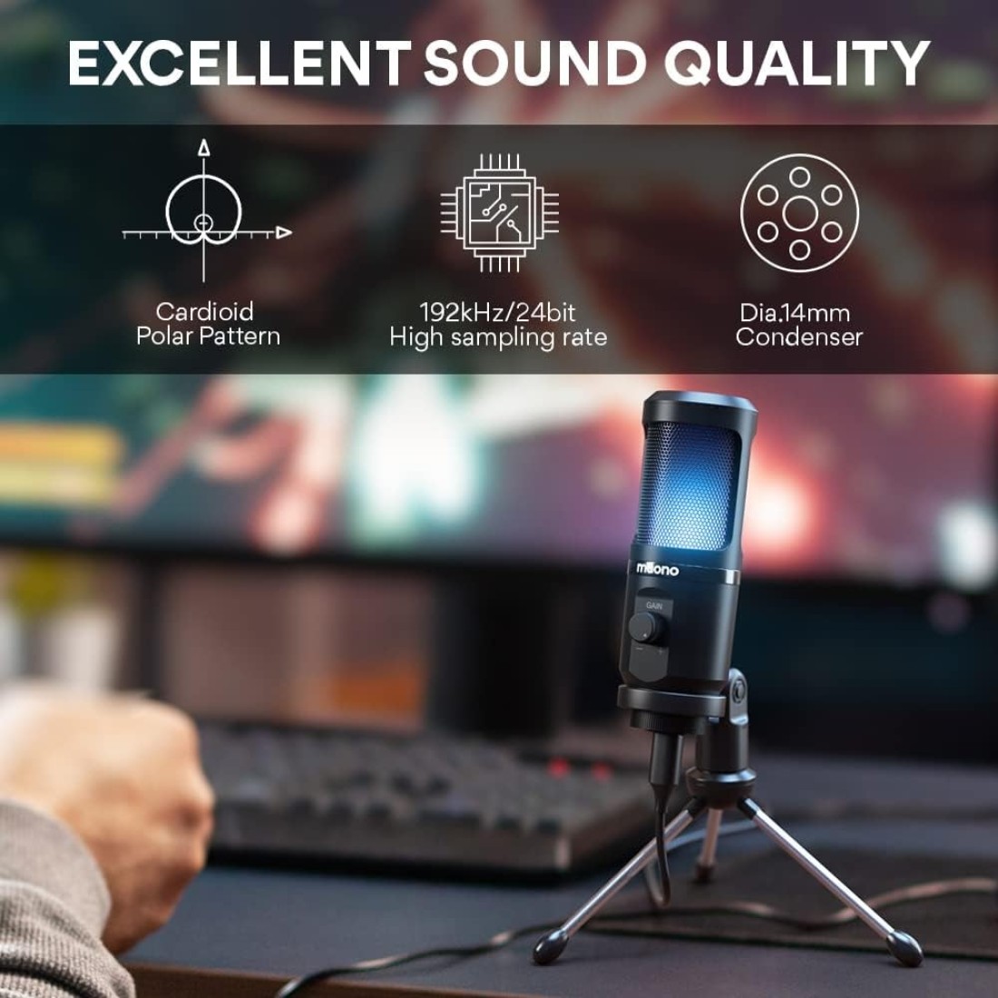 MAONO AU-PM461TR USB Gaming Microphone with Mic Gain - Black