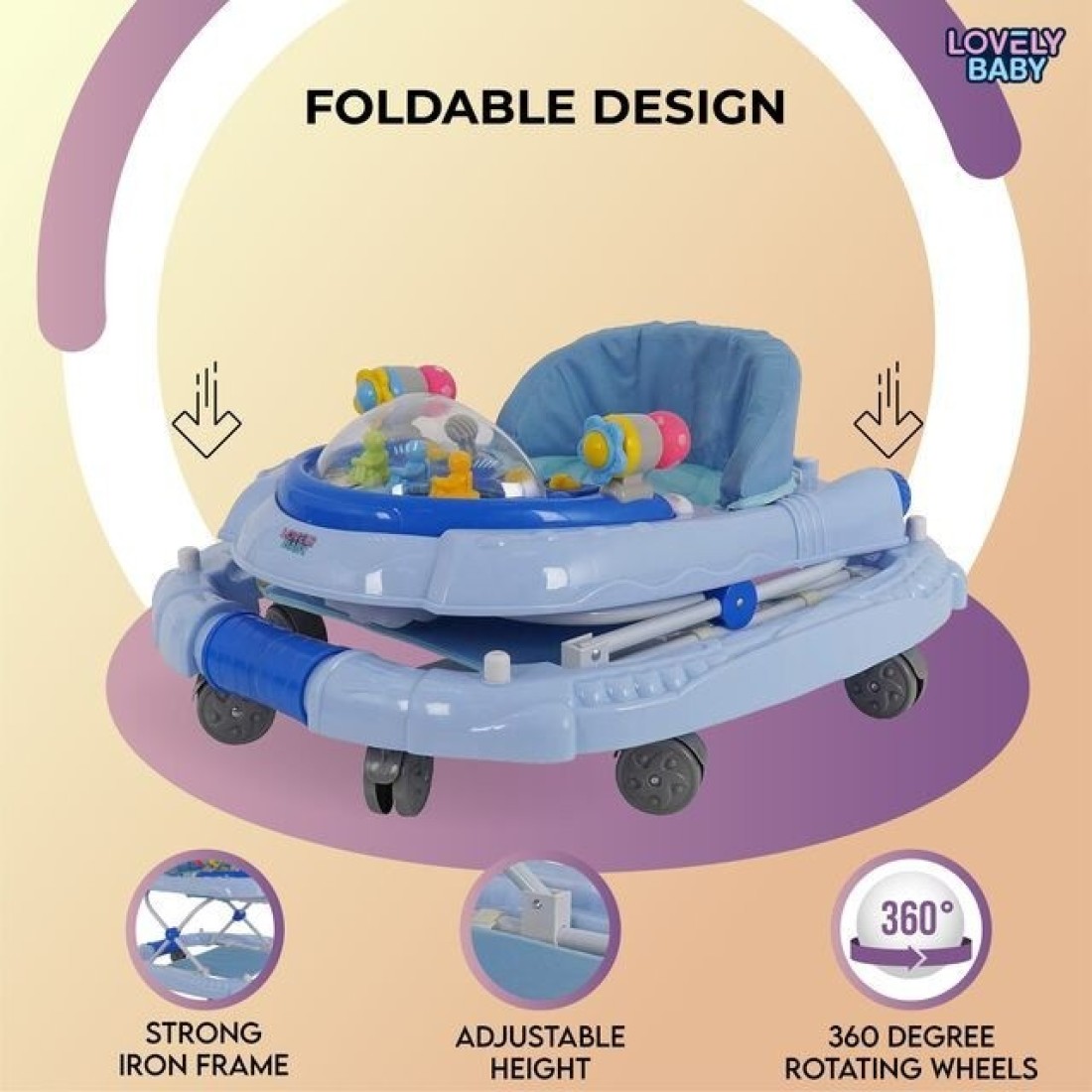 Lovely Baby Foldable Kids Walker BW04 with Adjustable Height, Musical Toys, Rotating Wheels, Comfortable &amp; Safe Activity Walker for Toddlers, Small Infant Boy Girl 6-18 months - Blue