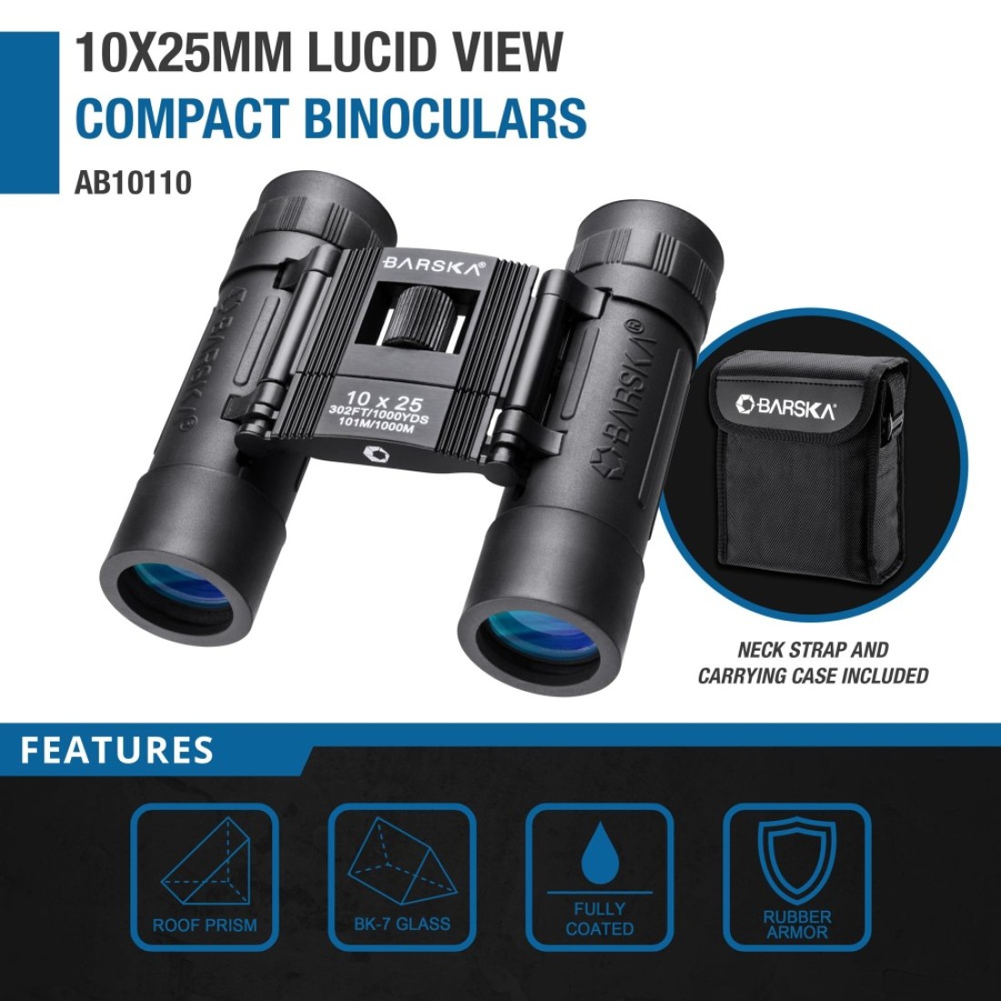 BARSKA Lucid View 10x25 Compact Binoculars Blue Lens