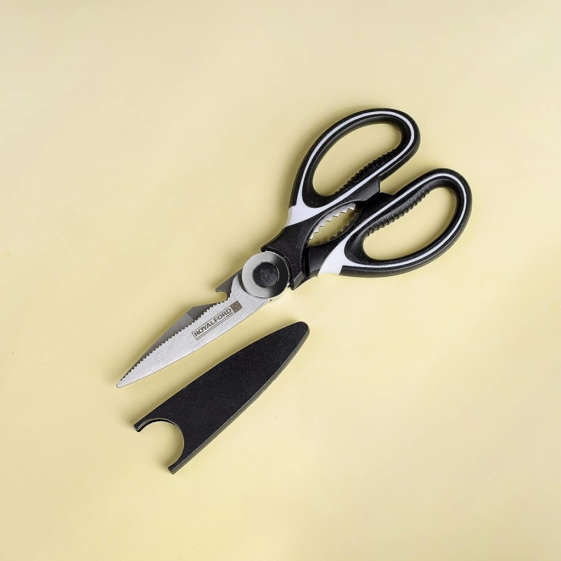 Royalford 3-In-1 Kitchen Scissor- Rf10498 Includes Scissors, Perfect For Cutting Fish, Meat, Etc Dishwasher-Safe And Includes A Blade Protection Cover Black And Silver