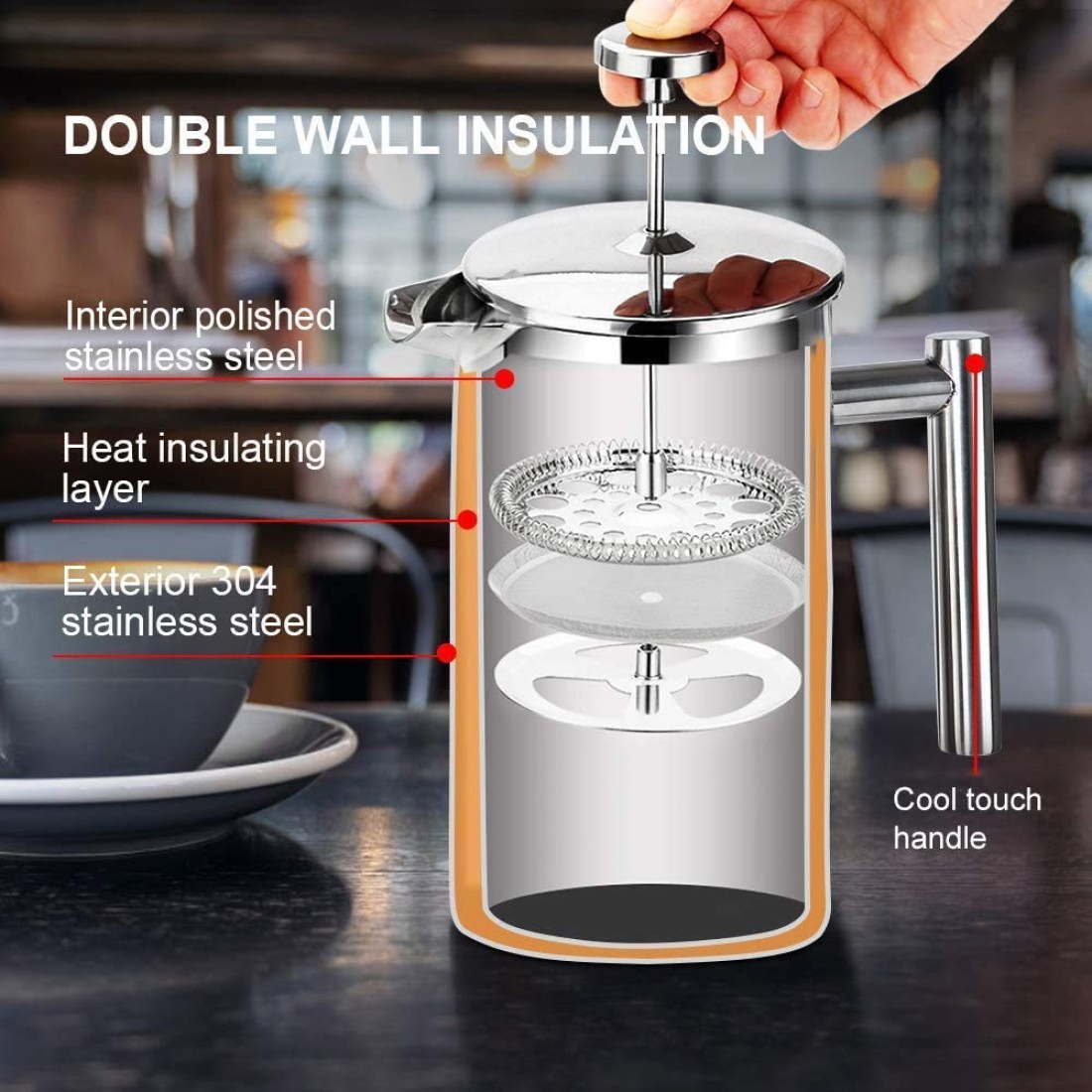 Secura French Press Coffee Maker 304 Grade Stainless Steel Insulated Coffee Press with 2 Extra Screens 34oz 1 Litre Silver