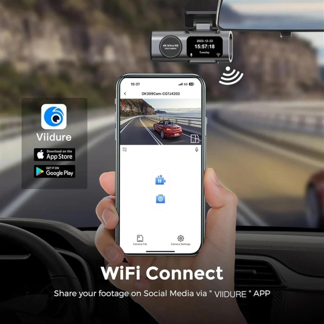 كاميرا ذكية 4K WiFi GPS - كاميرا أمامية وخلفية للسيارة مع تطبيق، كاميرا 4K Ultra HD Dash، إعداد USB سهل، تسجيل متكرر، رؤية ليلية، وضع وقوف السيارات