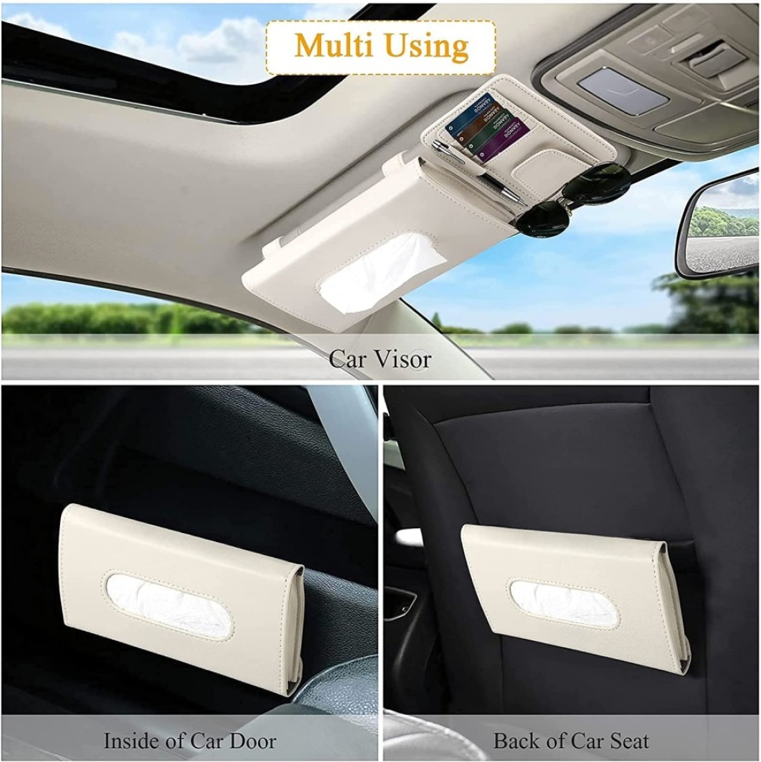 Car Tissue Holder Organizer with Accessories Glasses Holder Card Registration Holder Hanging Sun Visor (Beige)
