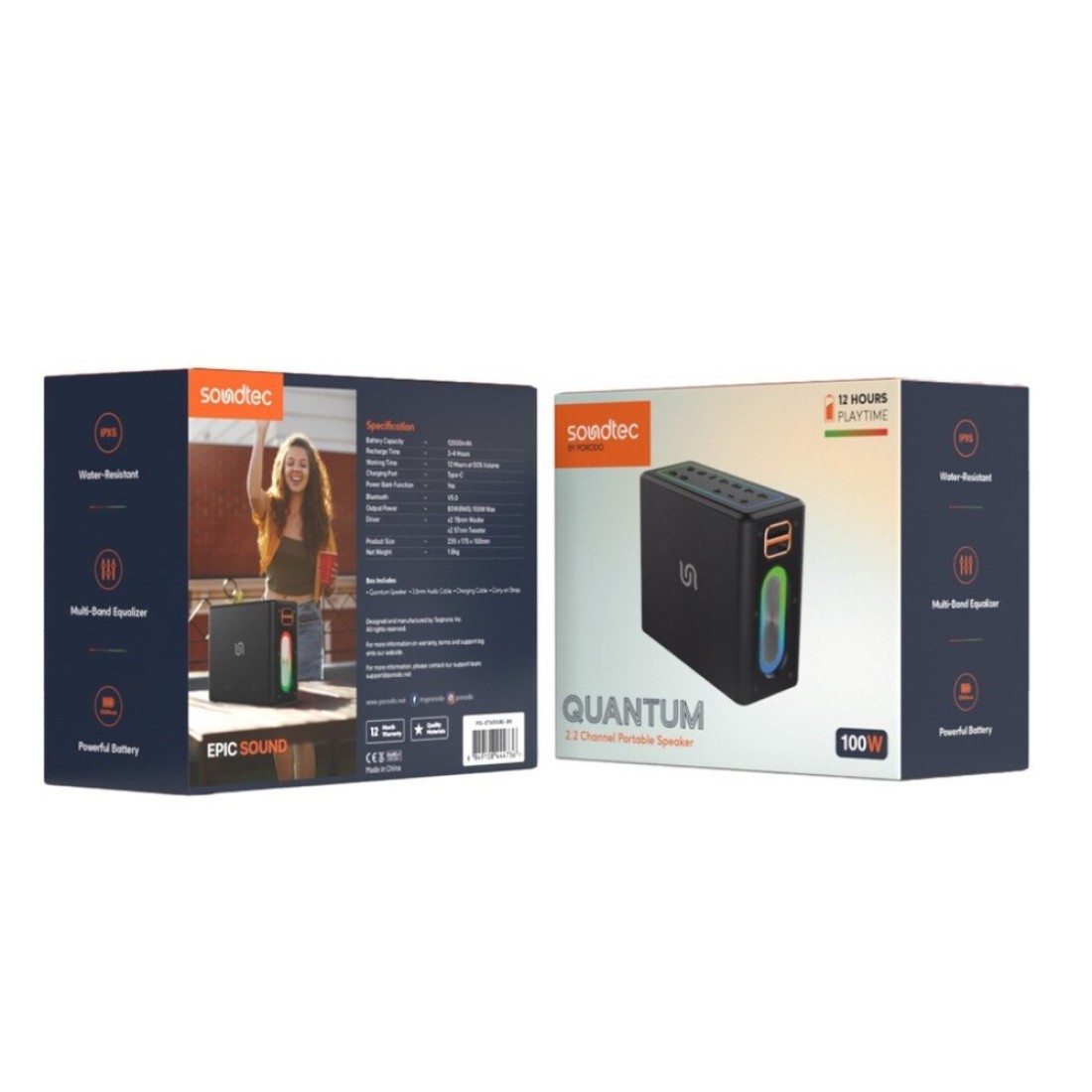 سماعة بورودو Soundtec Quantum 2.2 قناة، 80 واط صوت قوي، 12 ساعة وقت تشغيل، Bluetooth 5.0، وظيفة بنك الطاقة، مقاومة للماء IPX5، معادل متعدد النطاقات، بطارية 12000mAh - أسود
