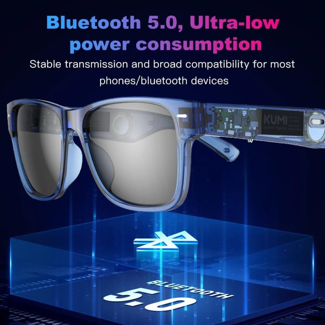 KUMI Meta V1 Smart Glasses, Semi-Transparent Design, Removable Lenses, Dual Speakers, AI Voice Assistant
