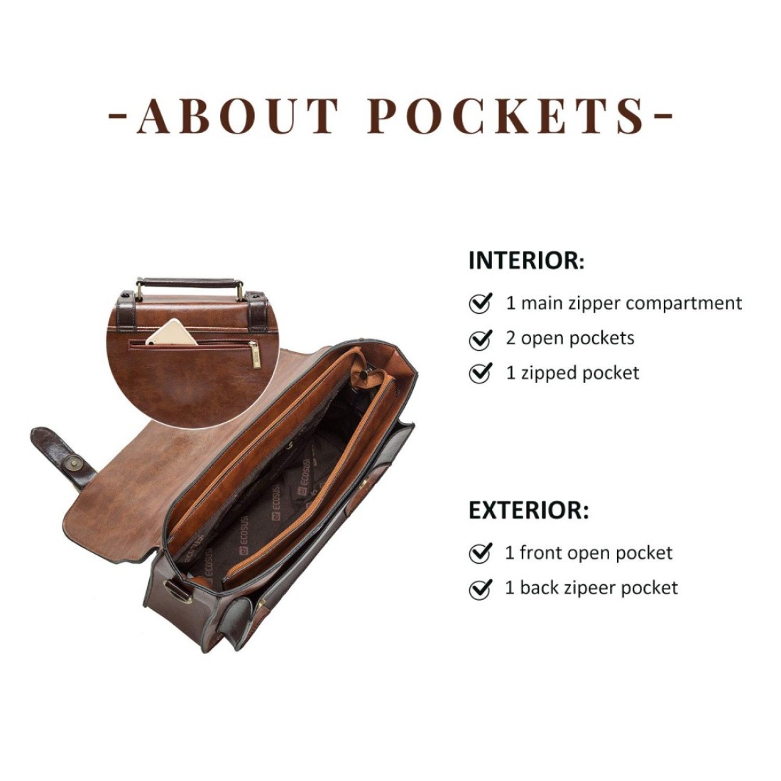 ECOSUSI Briefcase for Women Vintage Crossbody Messenger Bag Satchel Purse Handbag Coffee