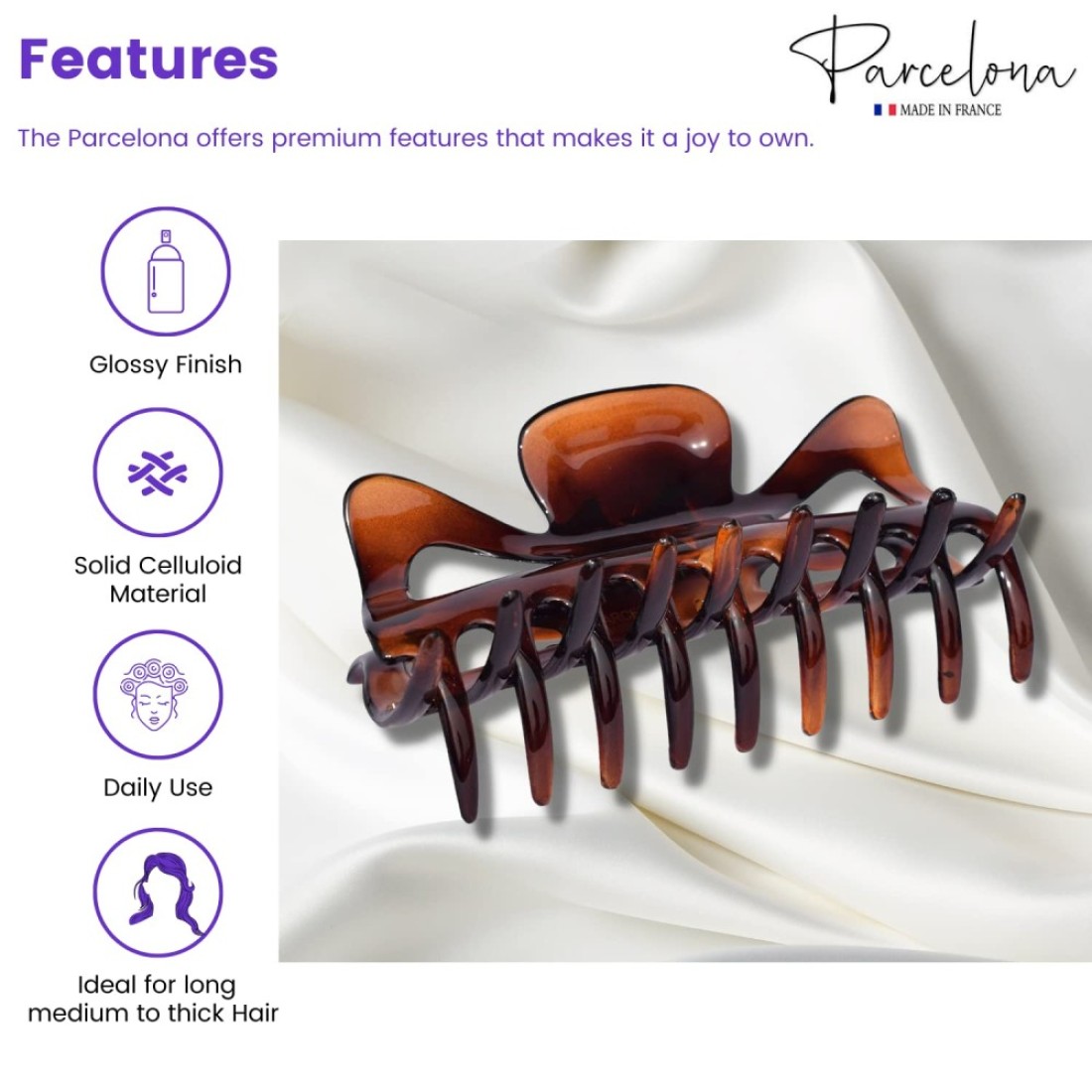 Parcelona French Classic Jumbo Large 5 12 Celluloid Acetate No Slip Grip Jaw Hair Claw Clip Strong Hold Durable Styling Volume Women Hair Accessories Made in France Tortoise Shell Brown