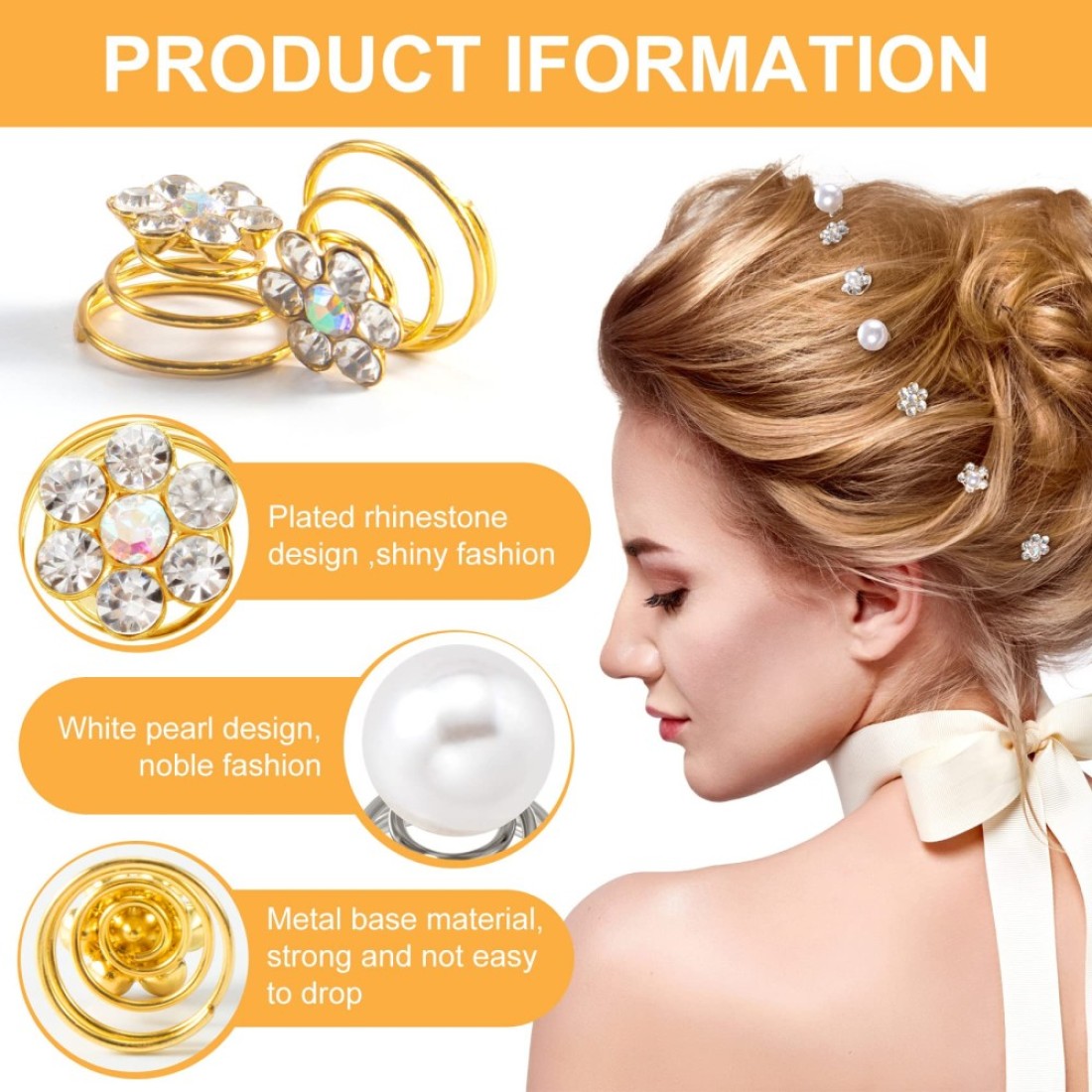 OIIKI 50PCS Rhinestone Sparkle Crystal Hair Jewelry Clips Spiral Flower Pearl Coil Decorative Accessories for Bridal Bridesmaid Wedding Party Prom 5 Styles