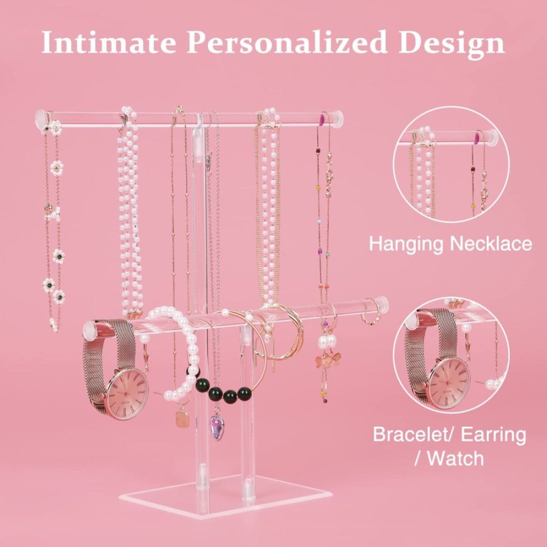 Jewelry Stand Necklace Holder Acrylic Jewelry Display Holder Necklace and Bracelet Hanging Organizer Clear 2Tier Tower Stand for Bangles Necklaces Bracelets Rings Earrings and Watch