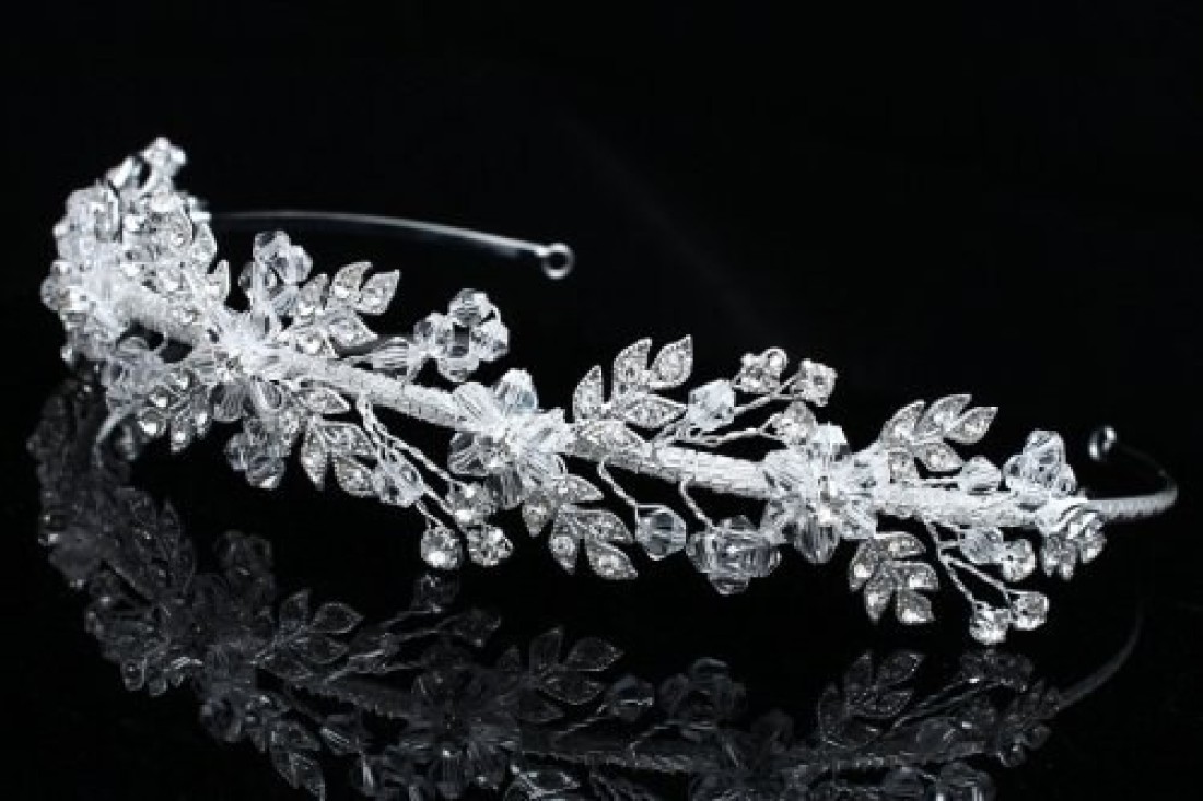 SAMKY Handmade Flower Leaf Crystal Headband Bridal Wedding Tiara Silver Plated T767