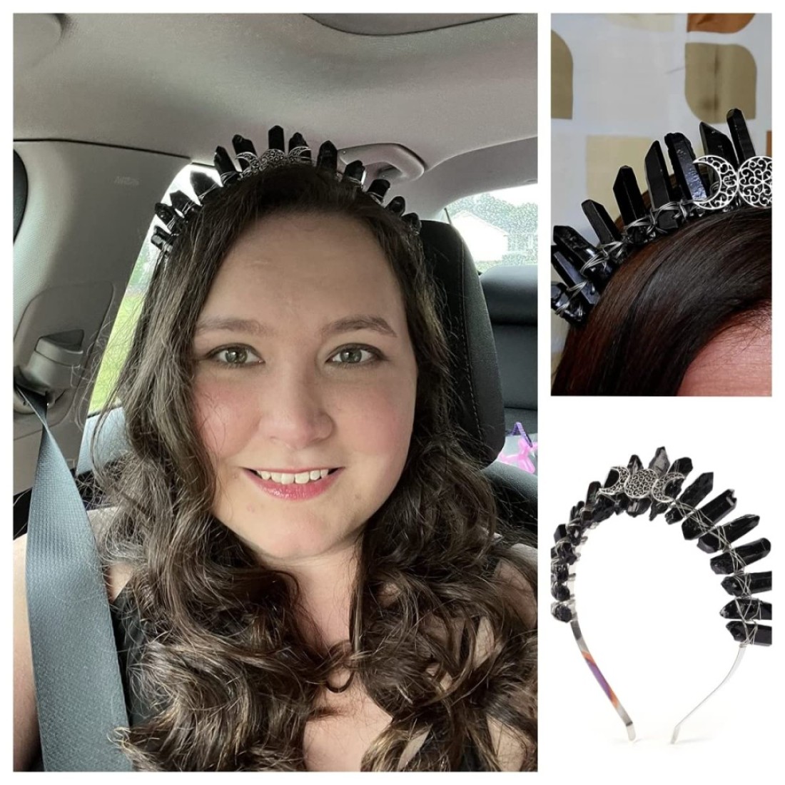 Bubbmi Black Raw Crystal Tiara Crown Headband Natural Quartz Moon Goddess Witch Headpiece for Wiccan Cosplay Party Headwear