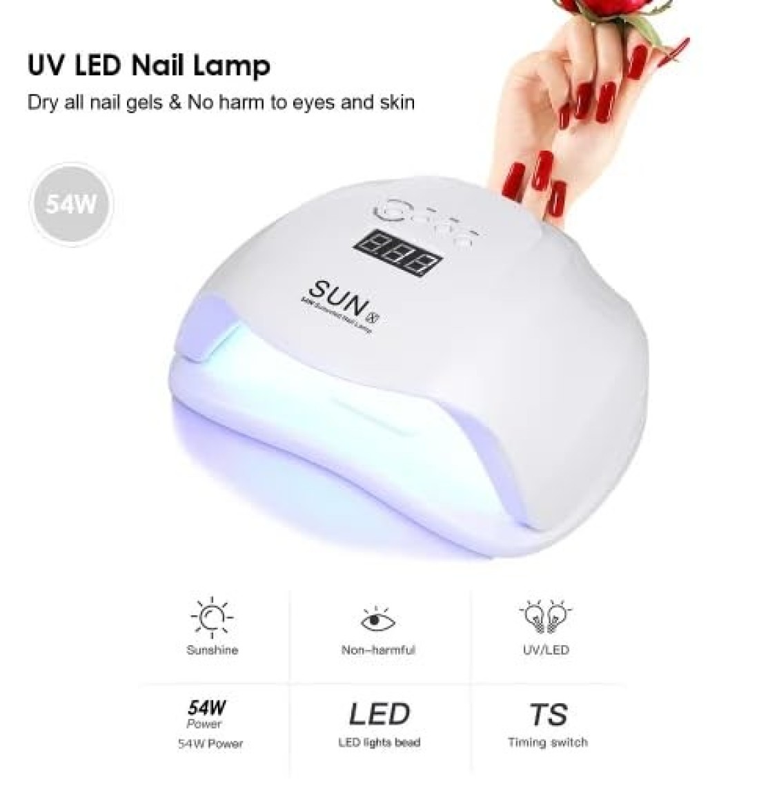 Global Fashion 2-in-1 UV/LED Nail Dryer Lamp - 54W, Professional Gel Nail Dryer for Manicure &amp; Pedicure, Smart Sensor, 4 Timer Settings, Painless Curing, Spacious Design - SUN X (White)