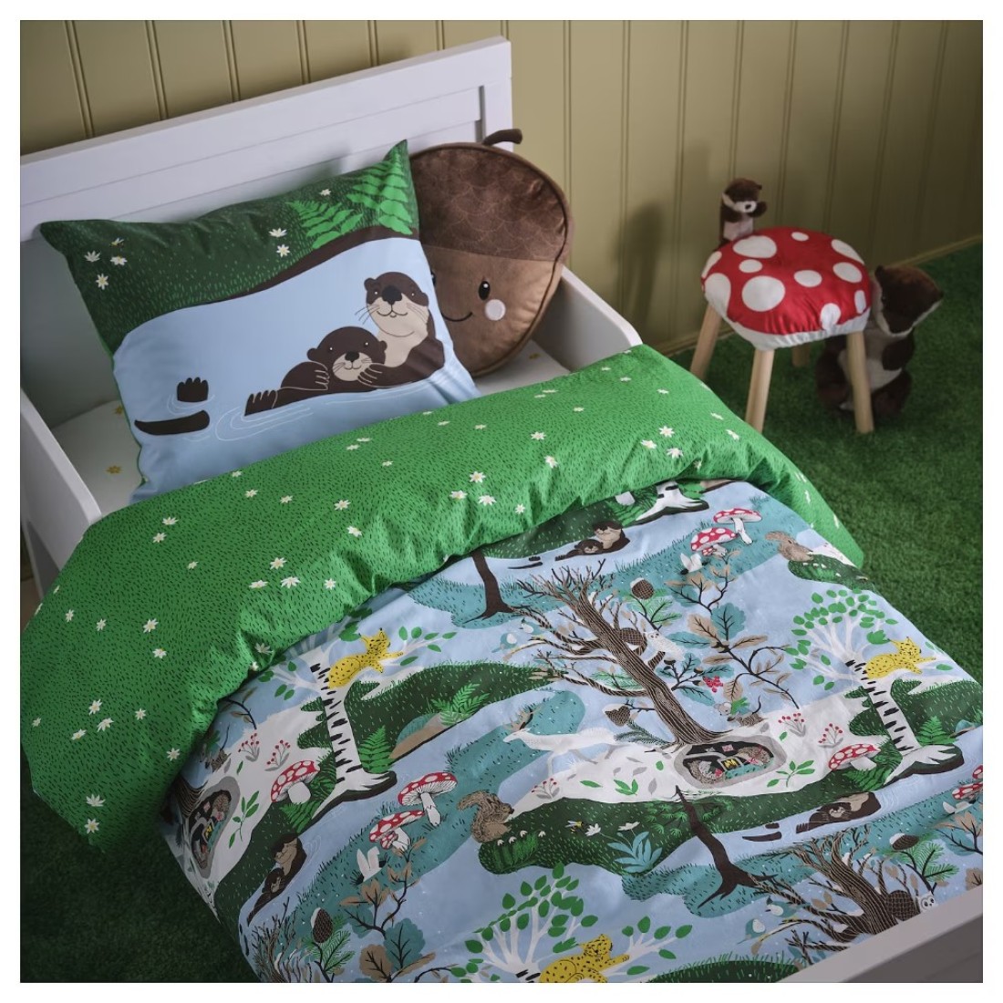 Duvet Cover And Pillowcase Blue Green/Forest Pattern 150X200/50X80cm