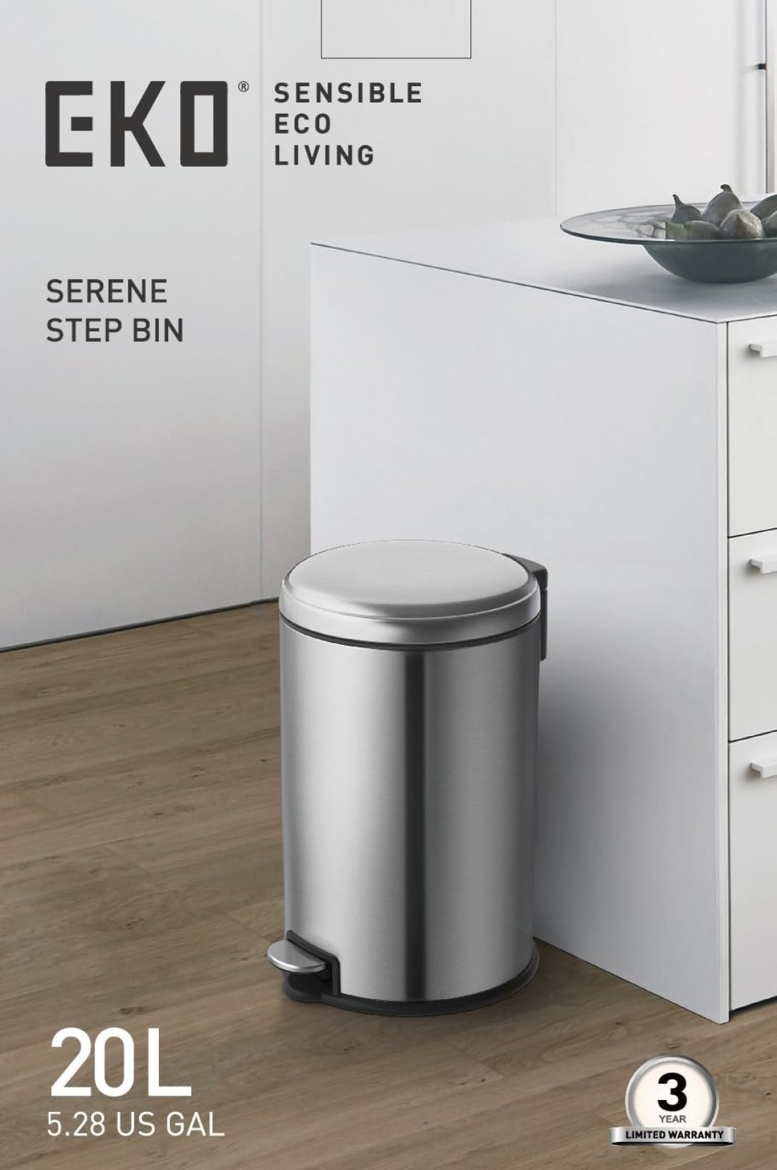 EKO 20L Pedal Bin Serene - Silver Large Capacity Step Round Bin with Soft-Close Lid Fingerprint-Resistant Finish Removable Inner Liner Bag Stabilizer