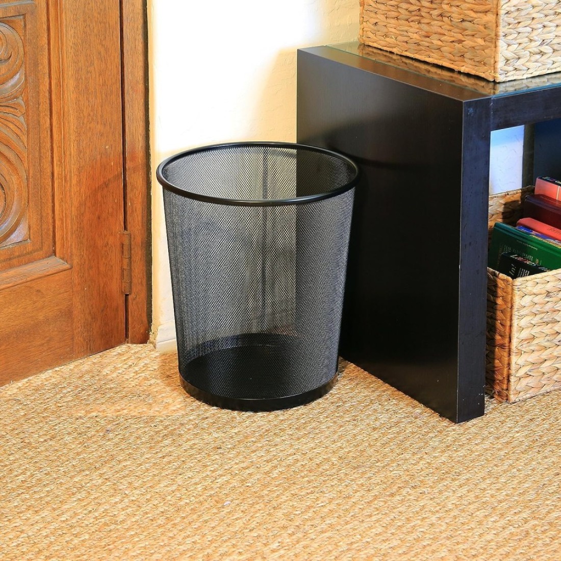 AL ARQAM Black Metal Mesh Waste Paper Bin Wastebasket Trash Can Circular Garbage Bin for Office, Living Rooms, Bedrooms