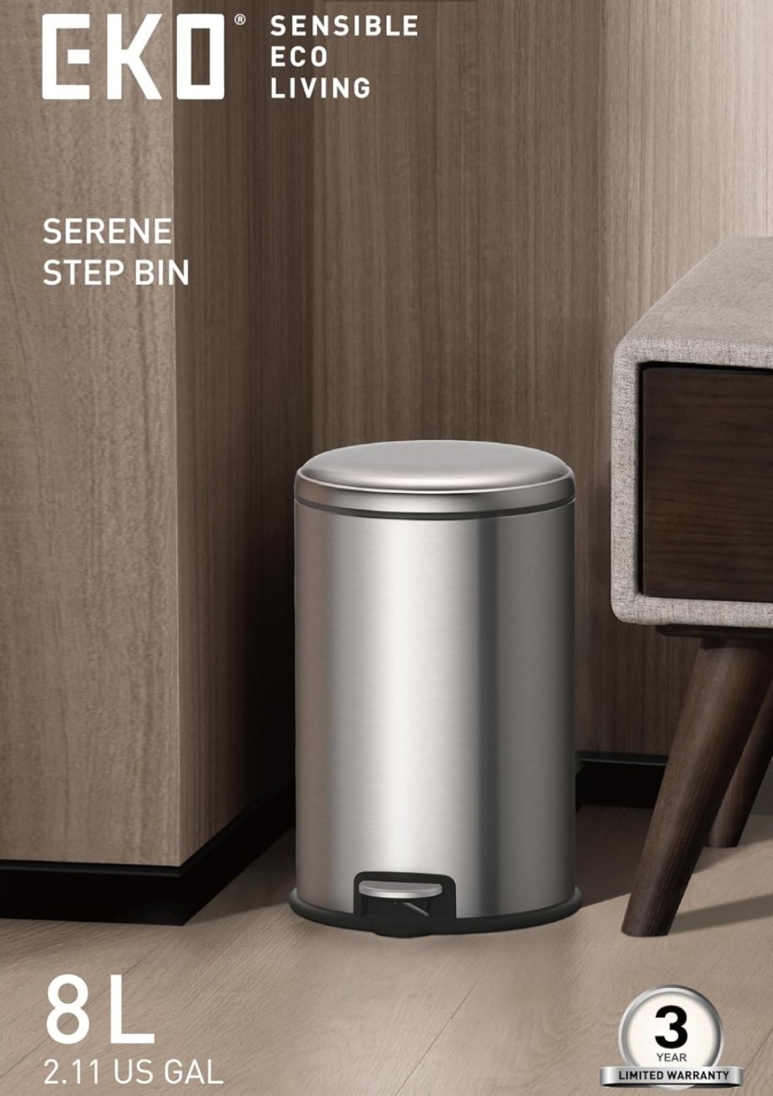 EKO 8L Pedal Bin Serene - Silver Compact Step Round Bin with Soft-Close Lid Fingerprint-Resistant Finish Removable Inner Liner Bag Stabilizer