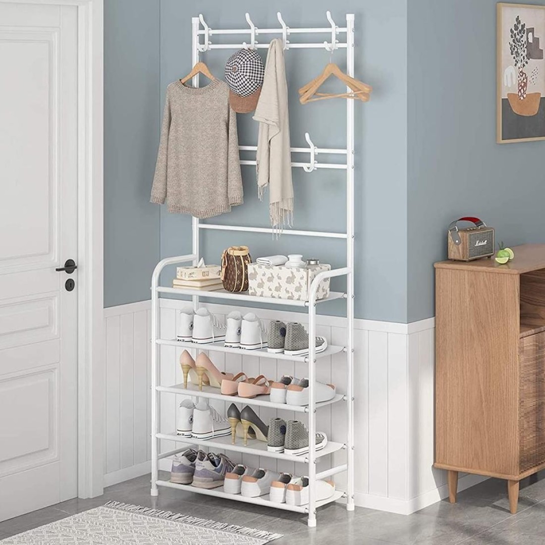 Aiwanto 5 Tier Shoes And Coat Rack Shoes Storage Shelf For Home (White)