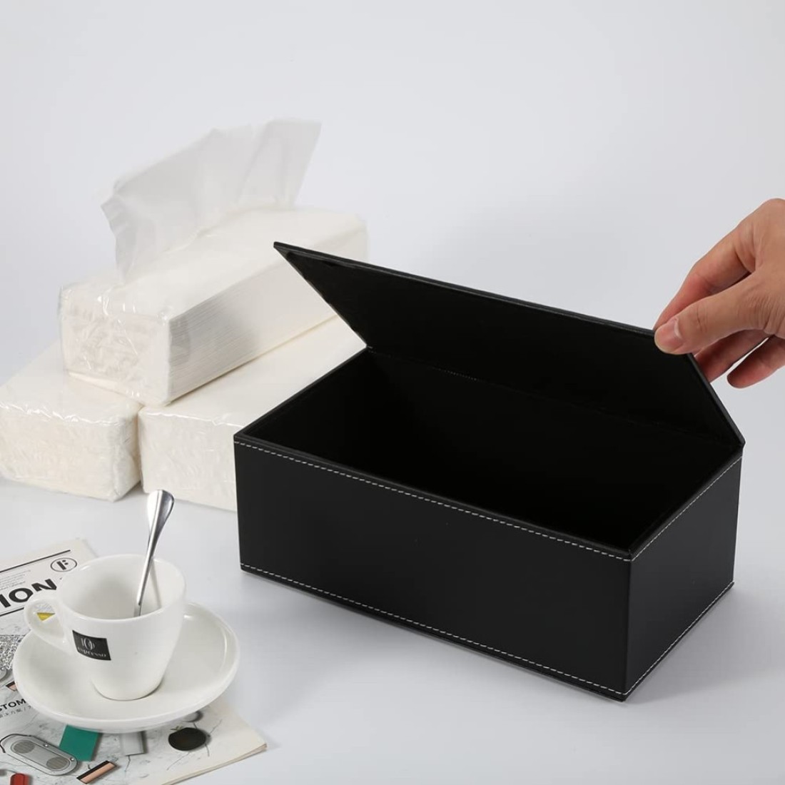 KINGFOM Rectangular PU Leather Tissue Box Cover Facial Tissue Paper Napkin Holder for Bathroom Home Office Car Automotive Decoration with Magnetic BottomBlack