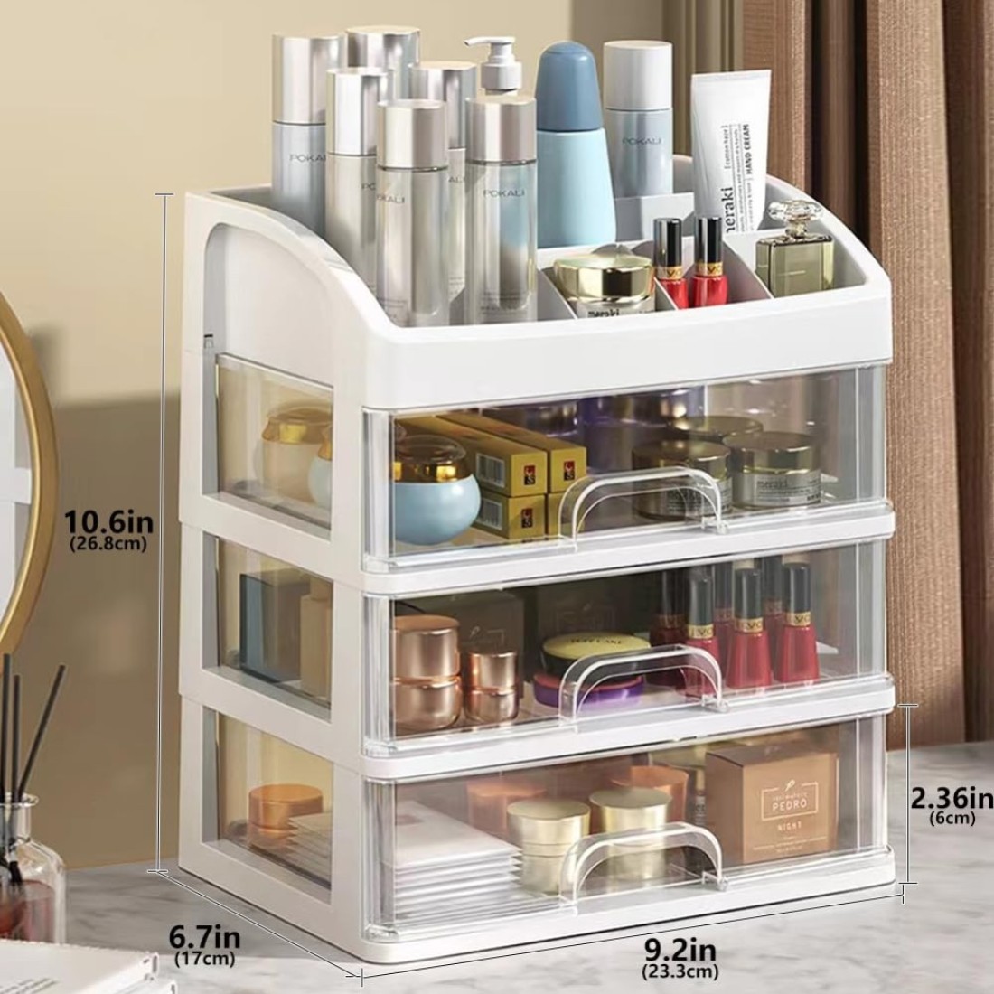 Makeup Organizer with 3 Drawers Cosmetic Display Cases Makeup Storage Box 3 Drawers white