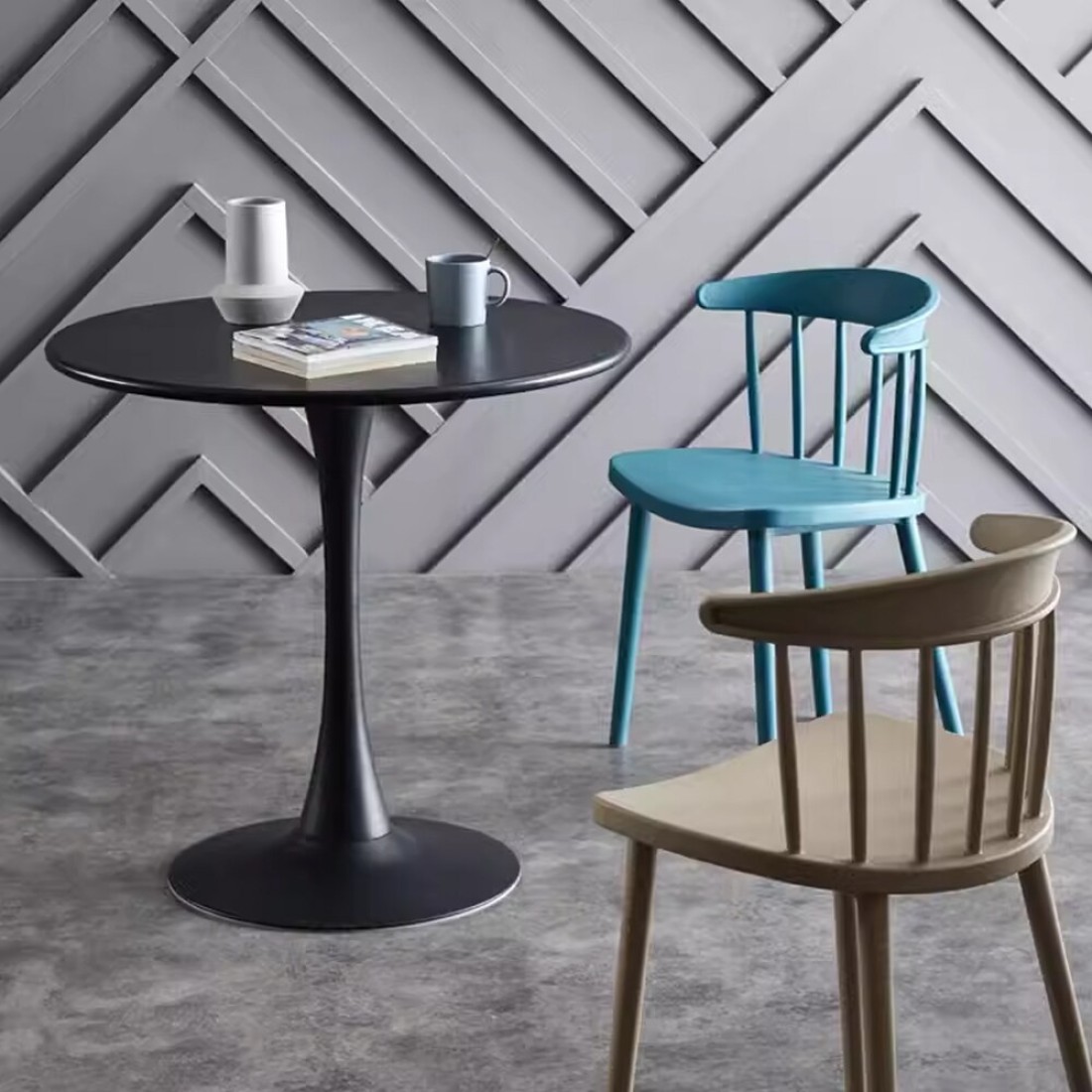 Jeffcoco Furniture Outdoor Table Round metal Patio Table,Garden Table,Black White Coffee Table Side Table Indoor Furniture Metal Frame home decor single table 1 piece (Black)