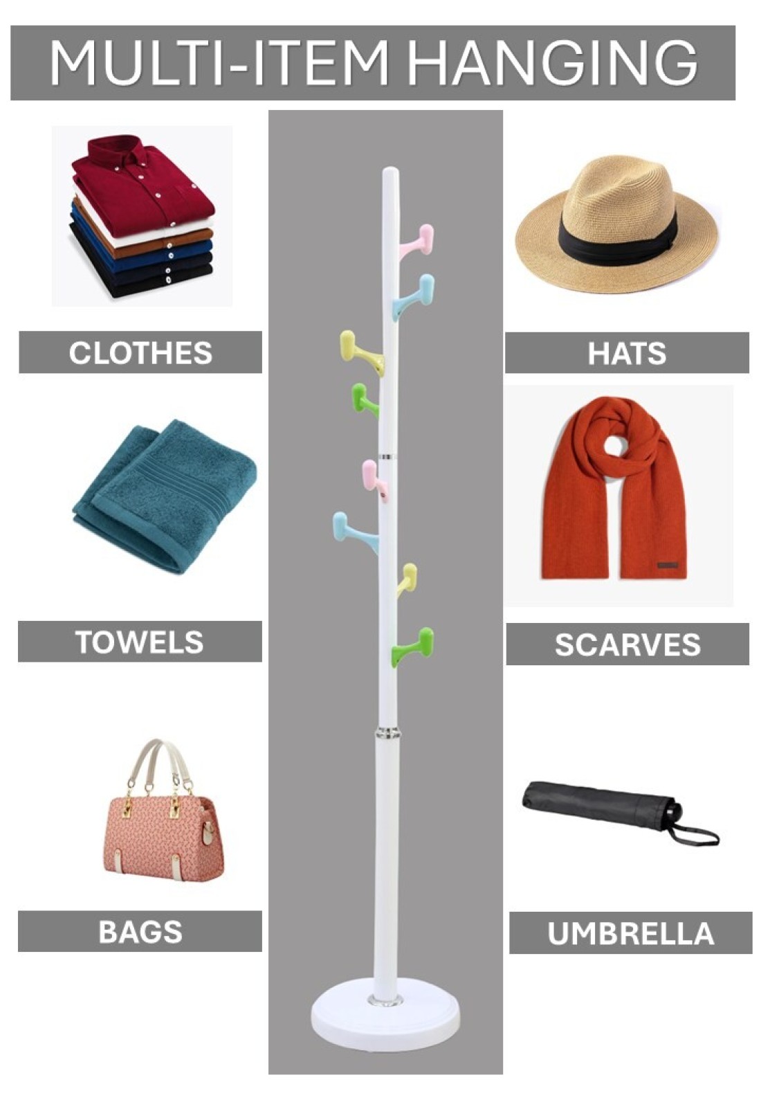 Arfan Freestanding Coat Rack &ndash; Metal Clothing Hanger with 8 Multi-Color Hooks Easy Assembly for Entryway, Bedroom &amp; Hallway Coat Stand for Hats, Bags, Clothes &amp; Umbrellas (White)
