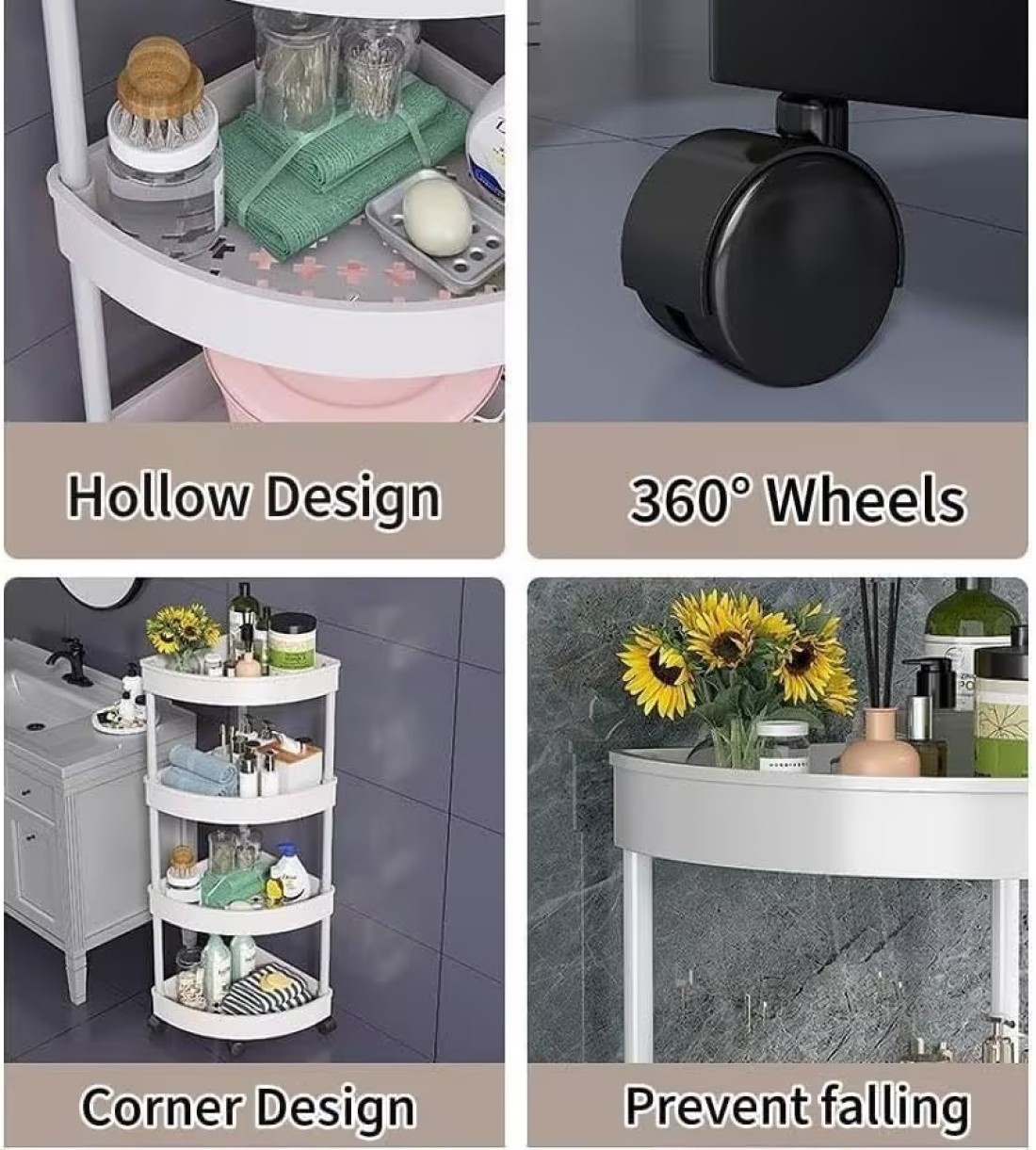 4-Tier Rolling Storage Cart,Corner Shelves， Multi-Purpose Organizer for Bathroom, Office &amp; Kitchen, Plastic Shower Caddy Organizer Shelf, Easy to Assemble &amp; Move (Black)