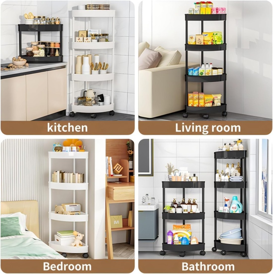 3-Tier Rolling Storage Cart,Corner Shelves， Multi-Purpose Organizer for Bathroom, Office &amp; Kitchen, Plastic Shower Caddy Organizer Shelf, Easy to Assemble &amp; Move,white