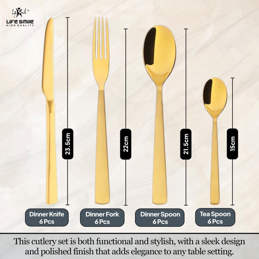 Life Smile 24 Pieces Cutlery Set Service for 6 person,Pure Stainless Steel Flatware Set,Mirror Polished Cutlery Utensil Set Include Spoon/Fork/Knife/Tea Spoon(SHINE GOLD &amp; SAND BLASTING HANDLE)