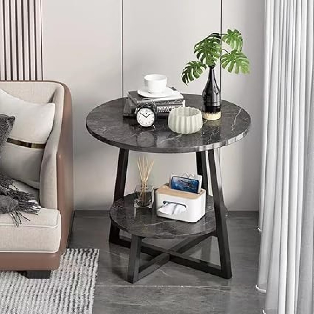 Vital 2-Layer Round Coffee Table,End Tables for Living Room, Side Tables, Sturdy and Easy Assembly,Double-deck Round Wood Look Accent Furniture with Wood Frame (BLACK)